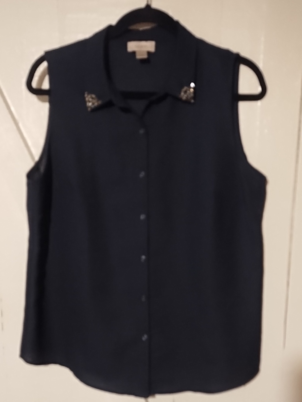 LOFT Navy Sleeveless Semi-Sheered Button-Down Top with Jeweled Collar EUC Size L